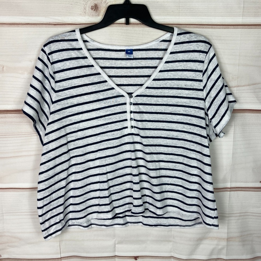Old Navy Top Womens XXL White Blue Stripe Nautical Henley Short Sleeve T-Shirt